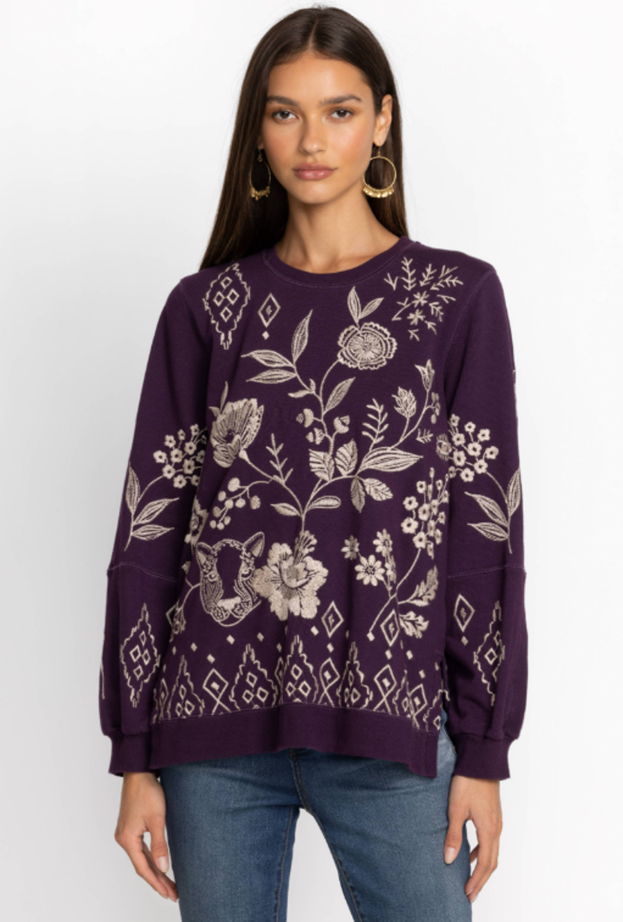 JOHNNY WAS Women's Ivey High Slit Sweatshirt Medium Deep Purple Floral NWT